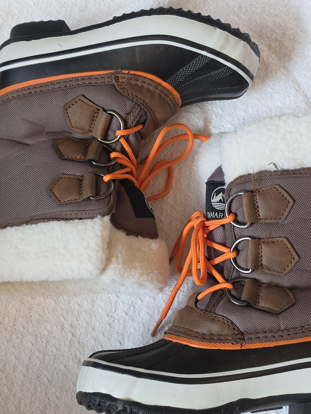 💣♡Kids Brown & Orange Waterproof Winter Boots with Faux Fur